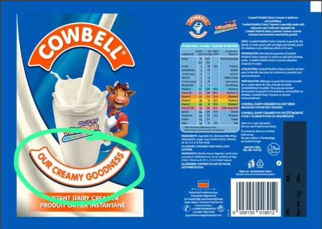 Aworan ojulowo Cowbell 'Our Milk' ti giramu mejila ti wọn kọ "our creamy goodness" si lara