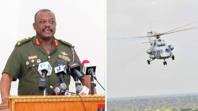 Chief of defence staff in uniform behind a podiun addressing the press