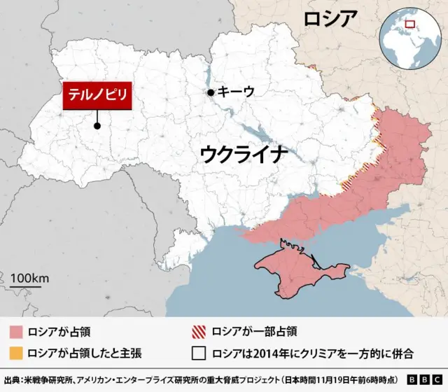 ウクライナの地図。ロシアの空爆を受けた西部テルノピリは、首都キーウよりもポーランド国境に近い