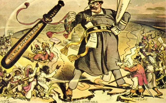 Cartum mostra Theodore Roosevelt com um grande porrete