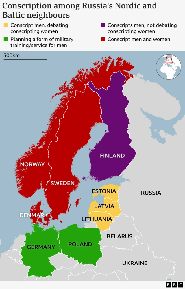 Map show policies on conscription of men, and sometimes women, for eight Nordic and Baltic kontris