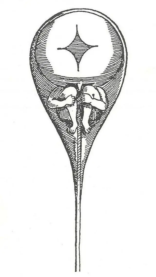 Ilustração antiga de um corpo humano no interior de um espermatozoide