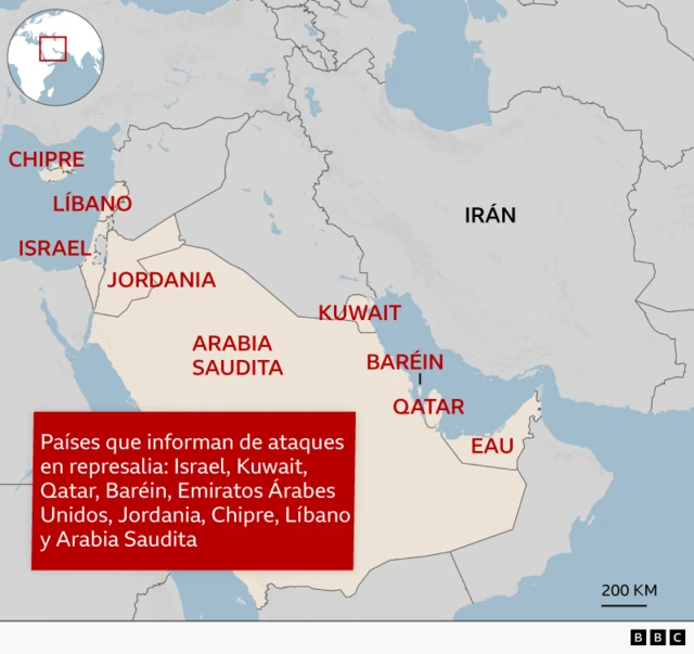 Mapa de los sitios que ha atacado Irán