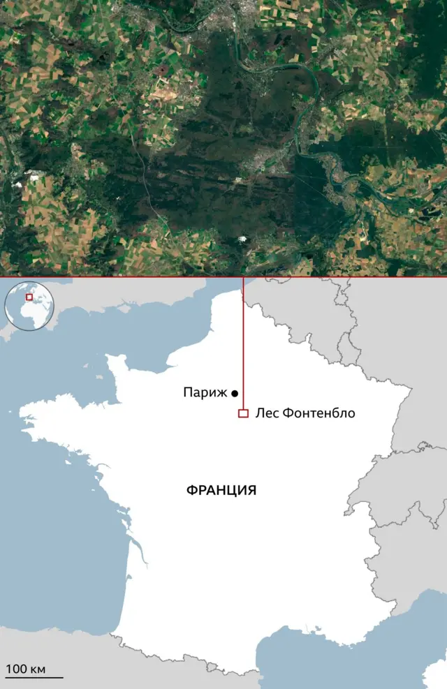 Карта Франции, где отмечен лес Фонтенбло