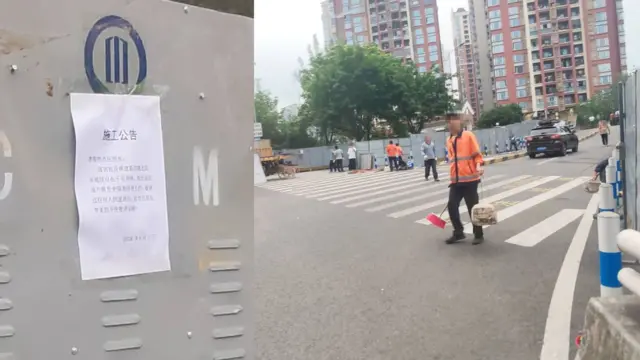 6月11日清晨,施工隊的成員在小區周邊行人道上增設圍板,上面貼有施公告示。