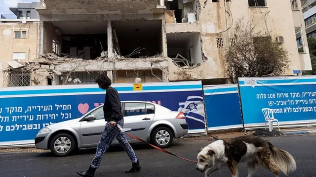 ساختمانی ویران که از مقابل آن، فردی همراه سگش در حال عبور است