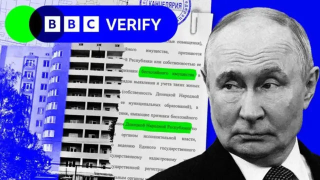 Колаж: логотип BBC Verify, багатоповерховий будинок, документ російською мовою та портрет Володимира Путіна.