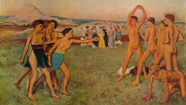 Lukisan anak muda yang sedang berolahraga di lapangan