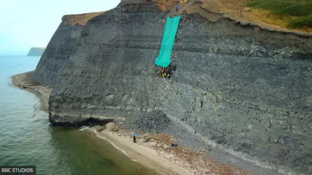 L'ensemble des fouilles a été réalisé avec des cordes très hautes sur la falaise de la plage du Dorset.