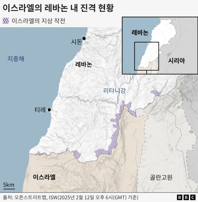 이스라엘의 레바논 내 진격 현황(2025년 2월 12일 오후 6시(GMT) 기준)을 표시한 지도