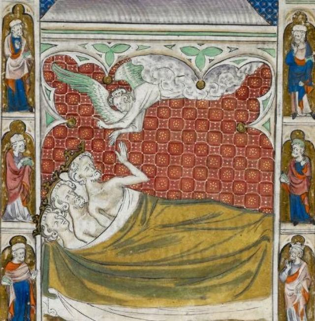 Pintura medieval en la que se ve a los Reyes Magos durmiendo en la misma cama y siendo alertados por un ángel