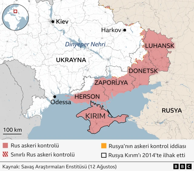 Ukrayna haritası ve Rusya'nın işgal ettiği bölgeler kırmızı işaretli
