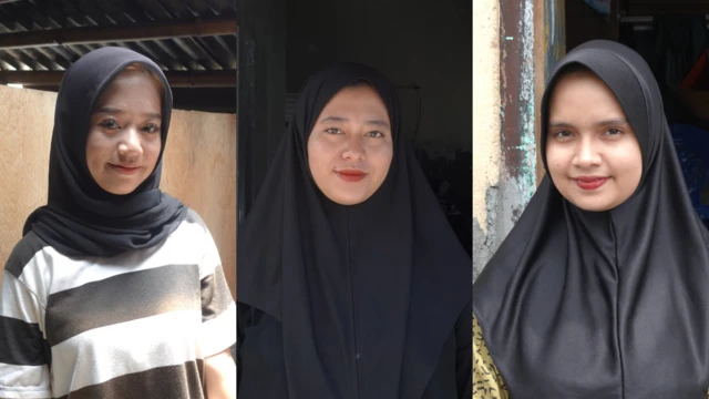Foto kolase, dari kiri ke kanan adalah Esti, Aminah, dan Fatma. Ketiganya mengenakan jilbab warna hitam dan tersenyum menghadap kamera.