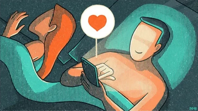 Ilustração mostra homem curtindo publicação no celular enquanto mulher dorme ao lado dele numa camacassino online que da bônus de cadastroambiente escuro