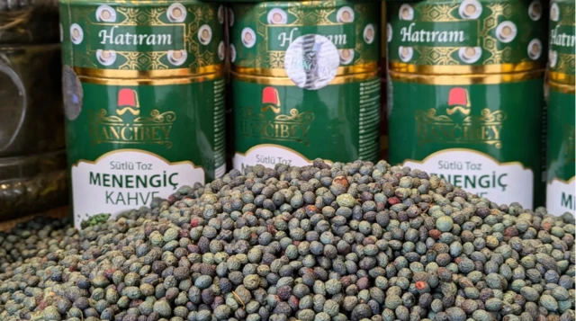 Na pierwszym planie widać stertę niebieskozielonych owoców menengiç. Za nimi rząd dużych, biało-zielonych puszek zawierających warzony z nich napój.