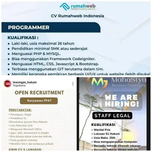 Beberapa contoh lowongan pekerjaan yang mensyaratkan usia maksimal 25 dan 26 tahun.