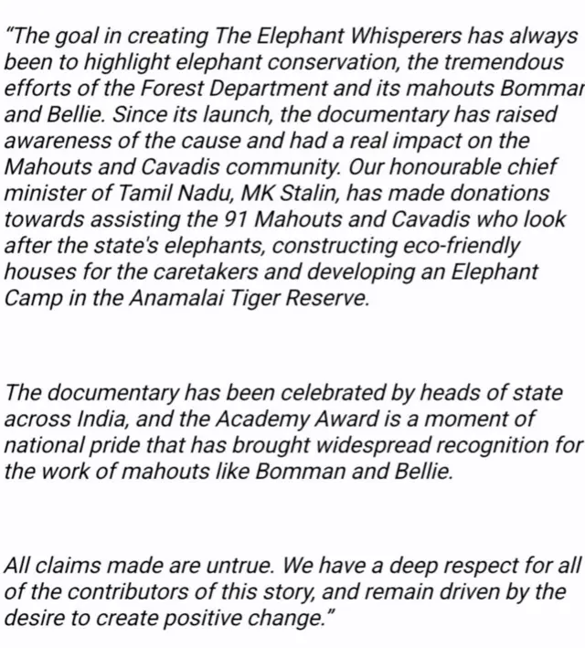 தி எலிஃபன்ட் விஸ்பரர்ஸ் குறு ஆவணப்படத்தின் இயக்குநர் தரப்பு விளக்கம்