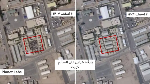 تصاویر ماهواره‌ای قبل و بعد از حمله، آسیب به دو سوله قابل مشاهده است
