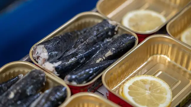 Latas de sardinhas abertas, outras contendo rodelas de limão