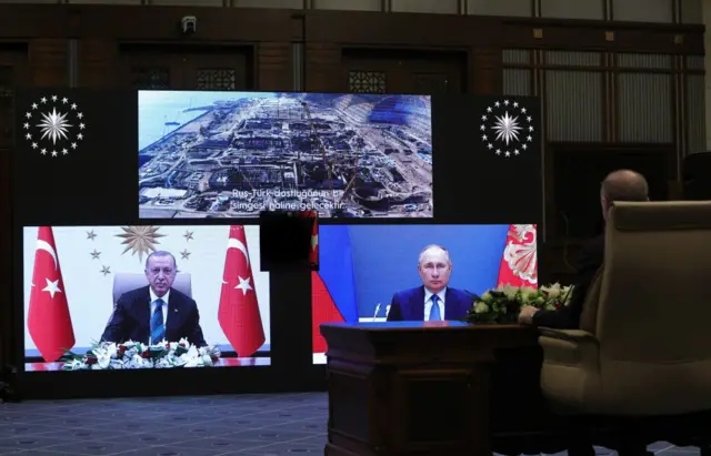 İki ekranda Vladimir Putin ve Cumhurbaşkanı Erdoğan.