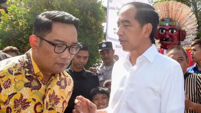 Presiden ke-7 RI Joko Widodo (kanan) berbincang dengan calon gubernur Jakarta nomor urut 1 Ridwan Kamil (kiri) saat menghadiri pelantikan Dewan Pengurus Wilayah Paguyuban Putra Jawa Kelahiran Sumatera (Pujakesuma) di Padepokan Pencak Silat TMII, Jakarta Timur, Rabu (20/11/2024).