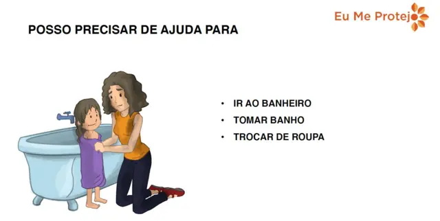 Ilustração mostra mulher branca frente a uma banheira, ajoelhada, envolve menina branca com toalha - o texto diz 'Posso precisarcodigo promocional betpix365ajuda para ir ao banheiro, tomar banho e trocarcodigo promocional betpix365roupa'