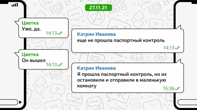 27/11/21 Цветка: Уже, да. (2:13 PM) Катрин Иванова: еще не прошла паспортный контроль (2:13 PM) Цветка: Он вышел (2:13 PM) Катрин Иванова: Я прошла паспортный контроль, но их остановили и отправили в маленькую комнату (3:36 PM)