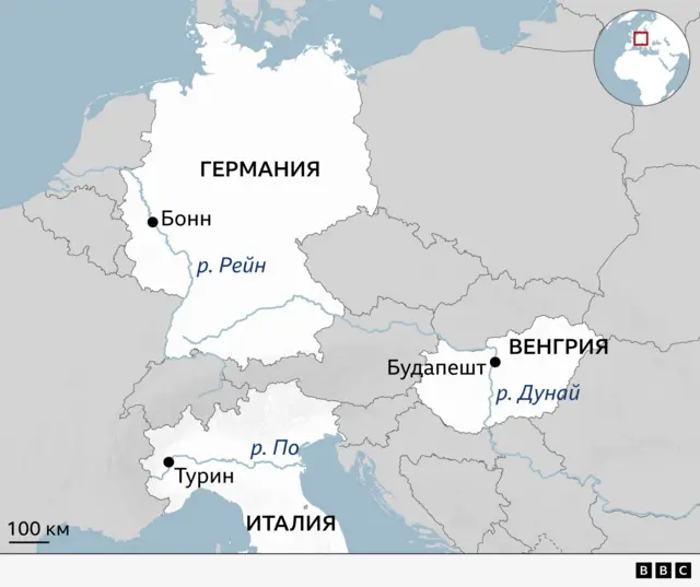 Карта, на которой обозначены Германия, Венгрия и Италия, а также реки Рейн, Дунай и По.