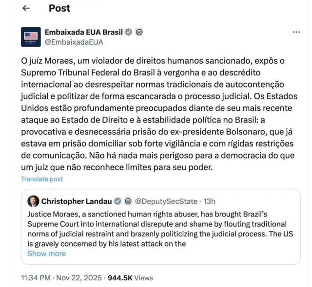 Post da embaixada dos EUA