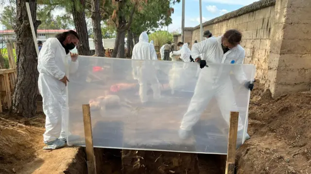 Cientistas preparam uma vala para colocar o corpo de um animal e analisar seu processo de decomposição