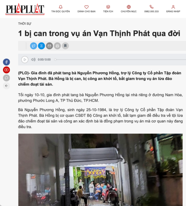Bài viết về việc bà Nguyễn Phương Hồng qua đời đã bị gỡ khỏi trang Pháp Luật TP HCM
