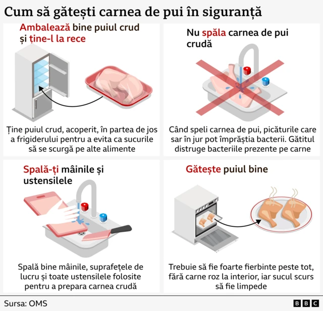 Imaginile grafice arată sfaturile Organizației Mondiale a Sănătății în legătură cu prepararea cărnii de pui. În prima imagine vedem un frigider și o săgeată care arată către raftul de jos, unde ar trebui ținută carnea de pui pentru a evita ca sucurile să se scurgă pe alte alimente. A doua imagine ne arată un pui întreg crud aflat într-o chiuvetă sub un jet de apă de la robinet. Pe imagine se află un semn X mare, alertând că nu trebuie să spălăm carnea crudă. În a treia imagine se vede o mână care spală un tocător și un cuțit în chiuvetă, pentru a exemplifica îndemnul de a spăla foarte bine mâinile și ustensilele după manevrarea puiului crud. În a patra imagine se vede un cuptor, iar o săgeată arată către o tavă cu pui aburind, indicând faptul că trebuie gătit foarte bine - singura metodă de a distruge bacteriile.