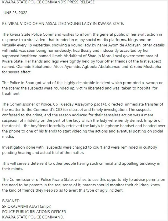 Atẹjade ti Ileeṣẹ ọlọpaa ni ipinlẹ Kwara fi sita niyi