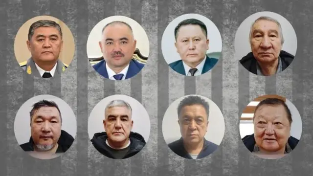 Бишкекда судланган саккизта собиқ мулозимнинг расмлари алоҳида доирачалар ичига олиб берилган. 