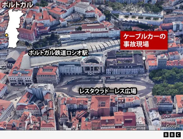 ケーブルカーの脱線現場と、ポルトガル鉄道のロシオ駅、レスタウラドーレス広場の位置関係を示す写真。グロリア・ケーブルカーは、駅や広場から程近い場所で脱線した