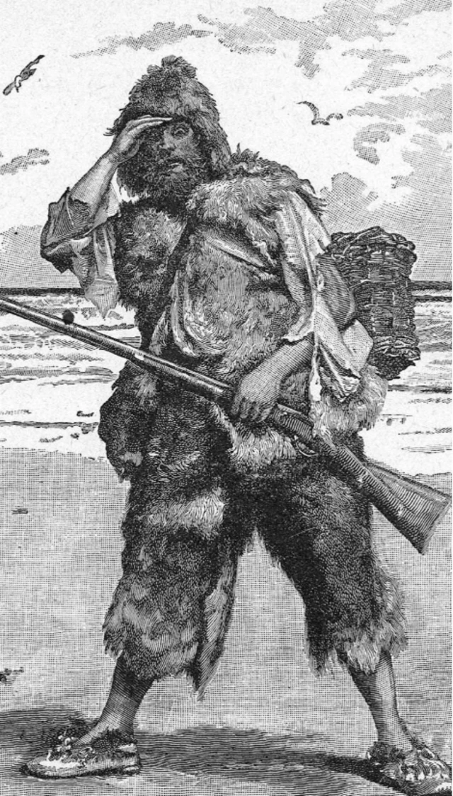 Daniel Defoe'nun kurgusal karakteri Robinson Crusoe'nun siyah beyaz kara kalem çizimi.