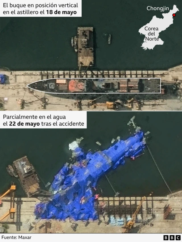 Gráfico con dos imágenes satelitales. Una muestra el buque en posición vertical en el astillero el 18 de mayo y en la otra se ve el buque volcado y cubierto por lonas el 22 de mayo tras el accidente