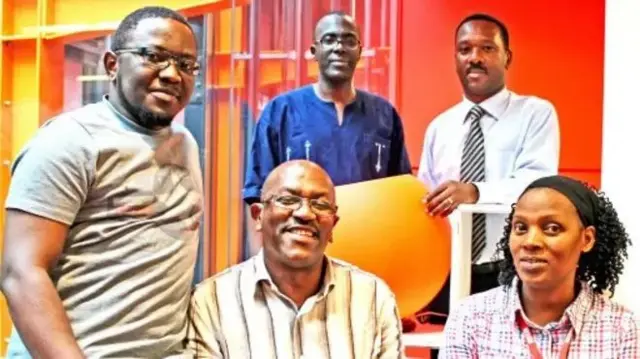Bamwe mu banyamakuru ba BBC Gahuzamiryango ku ifoto yo mu myaka yashize, uhereye ibumoso; Robert Patrick Misigaro, Ally Yusuf Mugenzi, Felin Gakwaya, Prime Ndikumagenge na Florentine Kwizera
