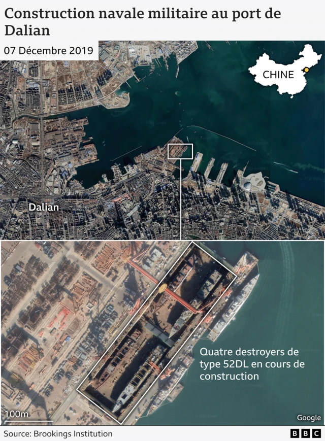Une illustration représentant la construction navale militaire à Dalian - elle montre une image agrandie de quatre destroyers de type D2SL en cours de construction simultanément.