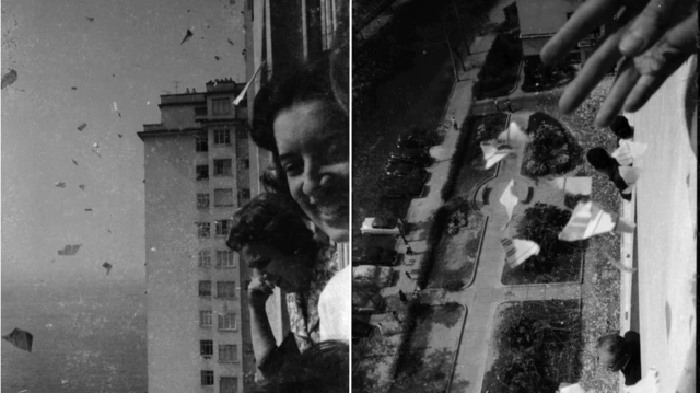 Imagens em preto e branco mostram chuva de papel picado em comemoração ao título do Brasil na Copa de 1958