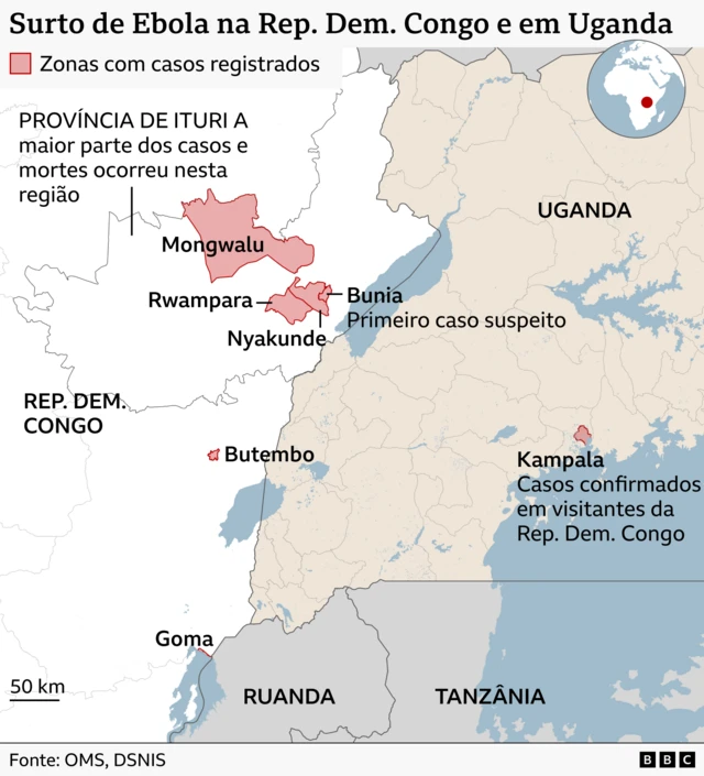 Mapa da região africana atingida pelo atual surto de Ebola