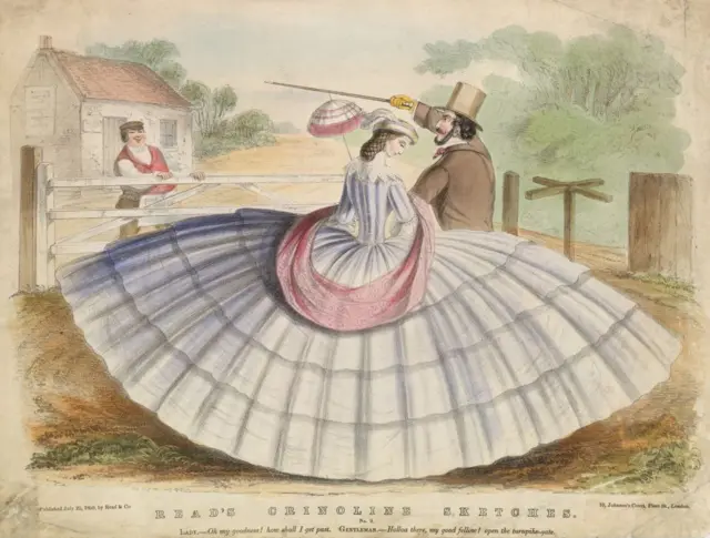 Ilustração antiga mostrando homem e mulher, ela com um vestido enorme