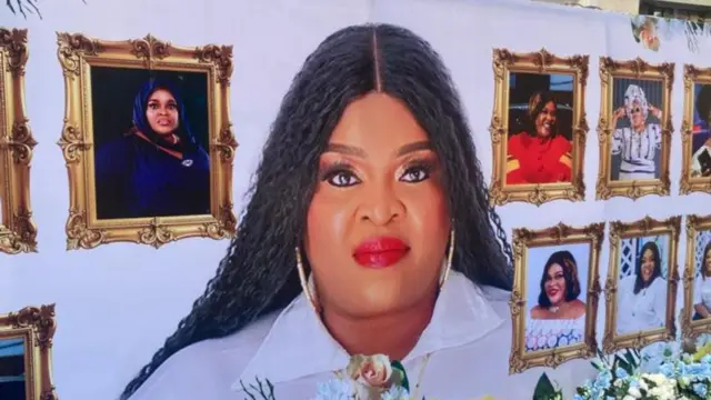 Foto of di late Princess Allwell Ademola wey wear white shirt wit her black hair wey dey flow down her shoulders. She wear red lipstick and bold round earrings.
Oda fotos of her dey for di background.