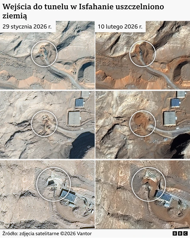 Zdjęcia satelitarne z 29 stycznia i 10 lutego 2026 r. pokazują prace budowlane w rejonie kompleksu badań nuklearnych w Isfahanie. Widać na nich, że wejścia do kompleksu tuneli zasypano szczelnie ziemią.