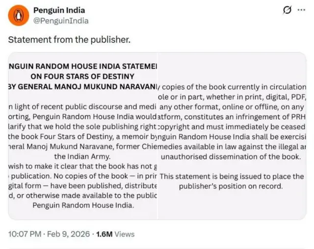 जनरल नरवणेंच्या पुस्तकाबद्दल या पुस्तकाचे प्रकाशक पेंग्विन इंडियाने स्पष्टीकरण दिले आहे.