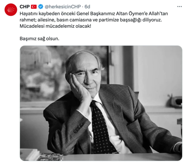 CHP'nin Altan Öymen için yayınladığı X gönderisi.