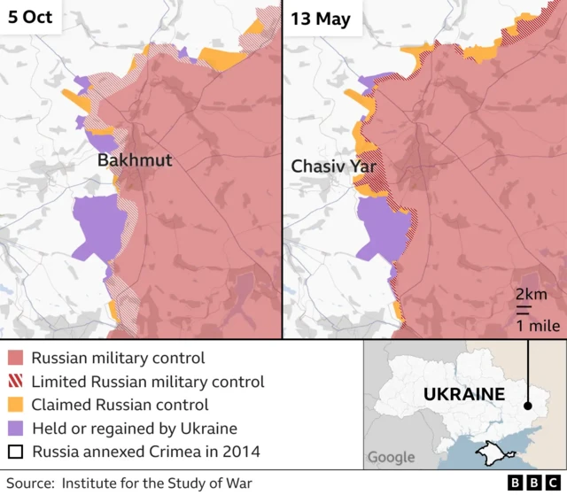 Russia invasion and Ukraine takeover of Bakhmut and Chasiv Yar