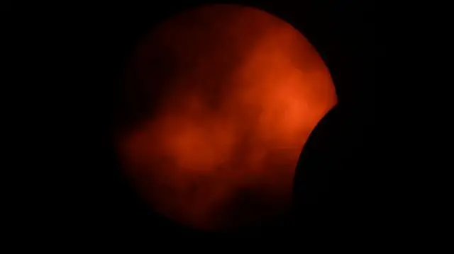 Árvoresfoguetinho da betanofrente a um sol parcialmente coberto por pedaço da lua