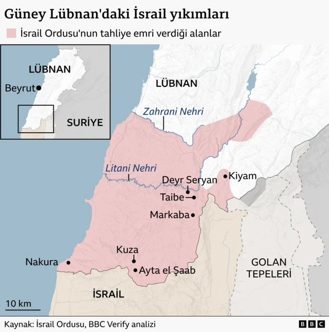 İsrail'in yıkım faaliyetlerinin gerçekleştiği Güney Lübnan'daki yedi köy ve kasabanın yerlerini gösteren açıklamalı bir harita. Ayrıca, İsrail Savunma Kuvvetleri'nin tahliye uyarılarının yerlerini temsil eden kırmızı bir alan da gösteriliyor.
