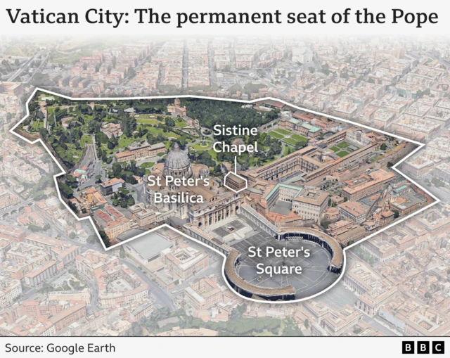 Satellite locator image wey dey show extent of di papal seat, Vatican City, witin Rome. E include St Peter Basilica, St Peter Square and di Sistine Chapel, along wit residential and administrative buildings. 